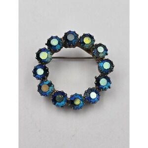 Vintage Aurora Borealis Rhinestone Wreath Brooch Pin Round Blue Green AB Crystal